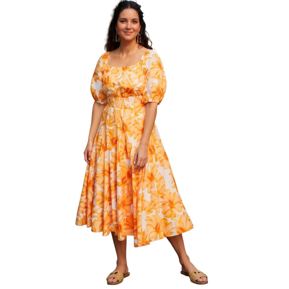 I.N.C. Floral Midi Dress, Puff Sleeves, A-Line Skirt, Orange & White, Size OX
